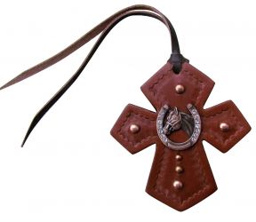 Showman Leather Tie On Cross with Horseshoe and Horse Head Concho